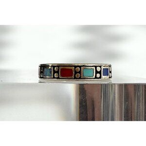 Mexican Inspired Multi Gemstone Square 925 Sterling Silver Vintage Ring - sz 6